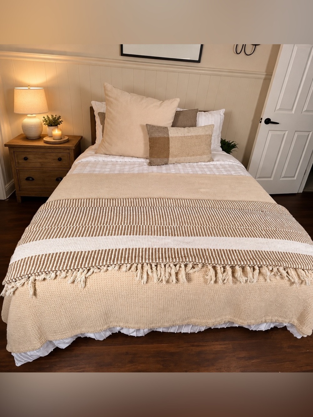 Creative Co-Op Beige and White Striped Cotton Throw Blanket - sku 169